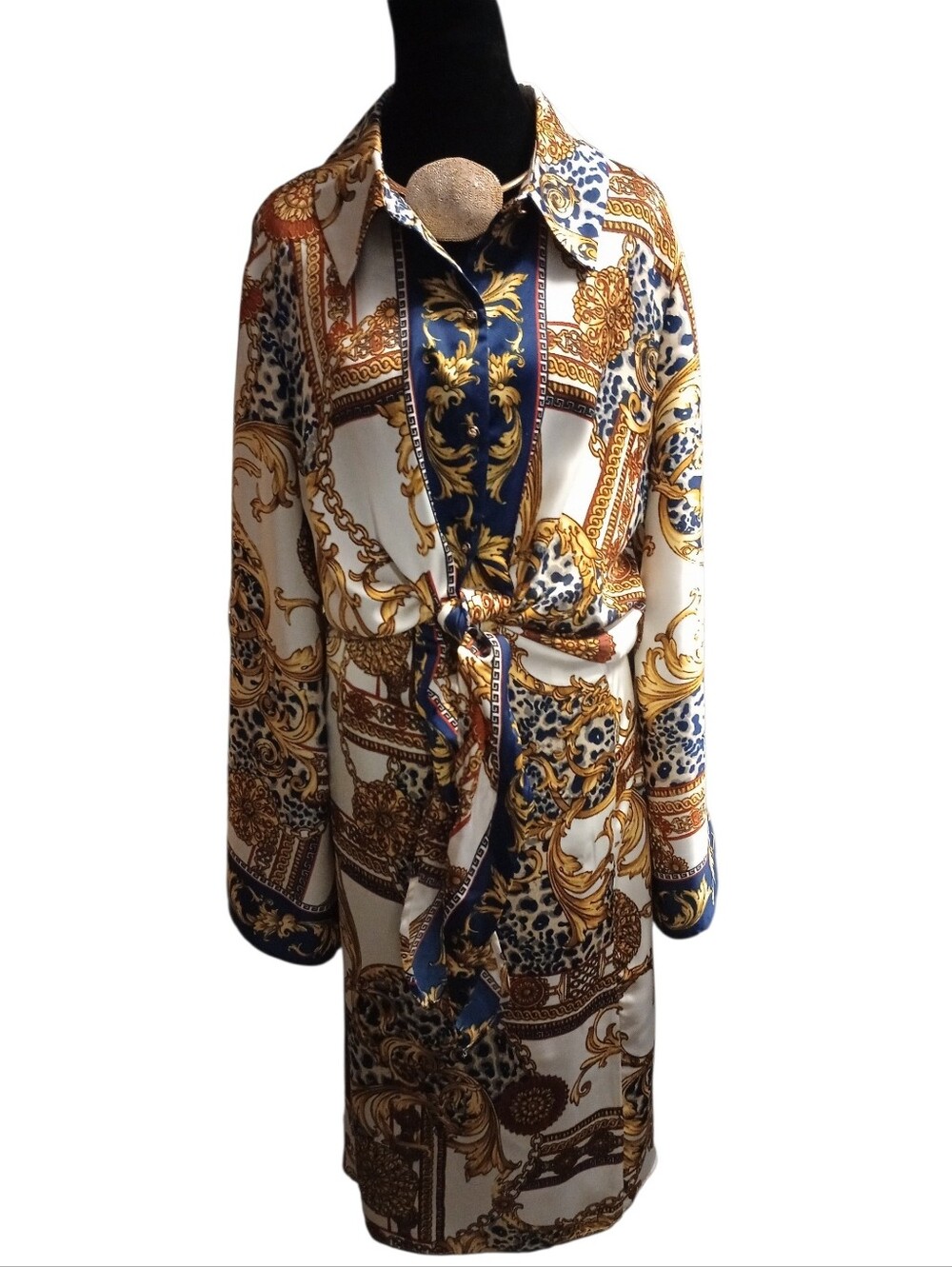 Cache Baroque Print Silk Shirt with Tie Front, Cache Silk Skirt, Beautiful! NWT